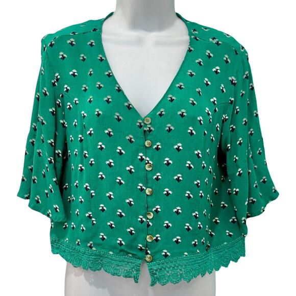 Superdry Cropped Green Floral Button Down Boxy Short Sleeve Lace Trim Top size 8 - Picture 1 of 9